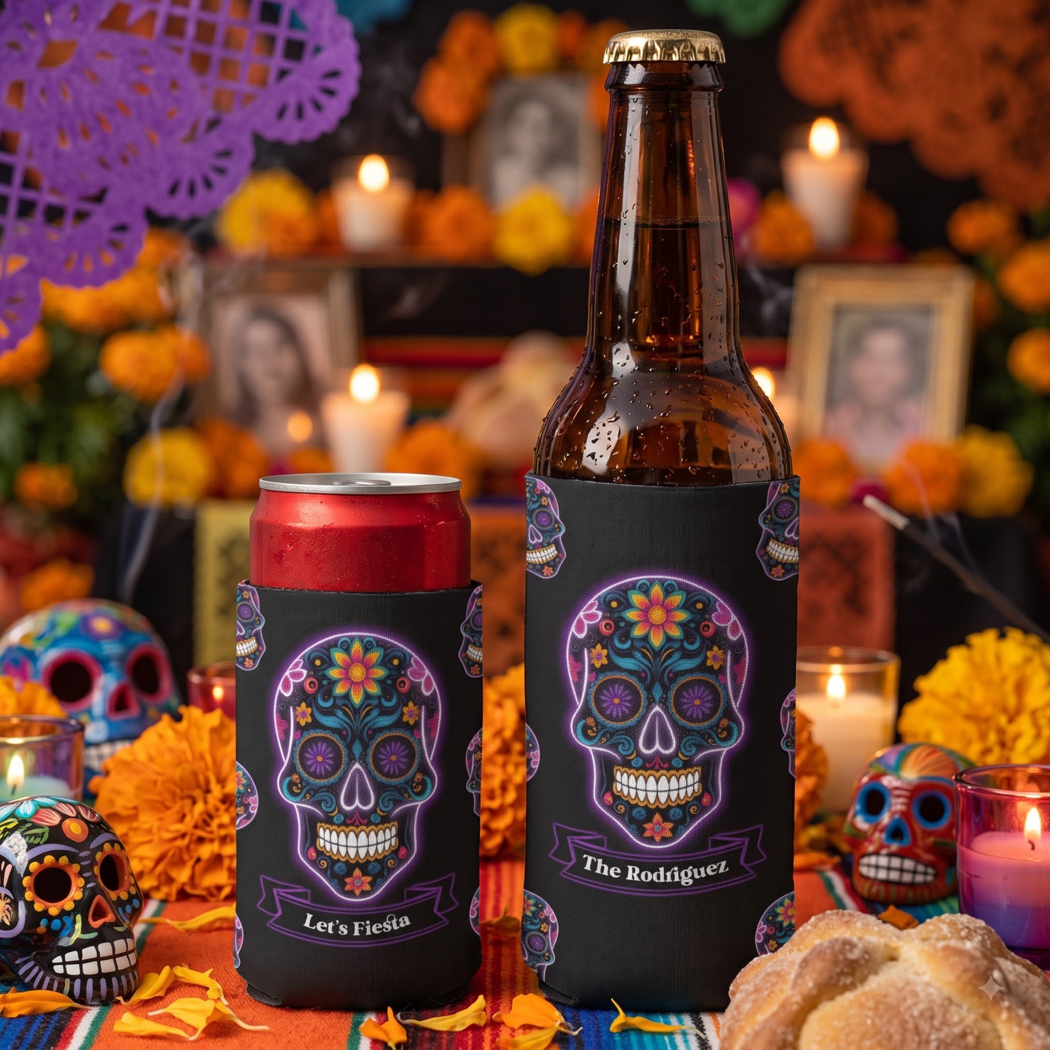 Let's Fiesta Mexican Florals Fiesta Dia De Los Muertos - Personalized Can Cooler