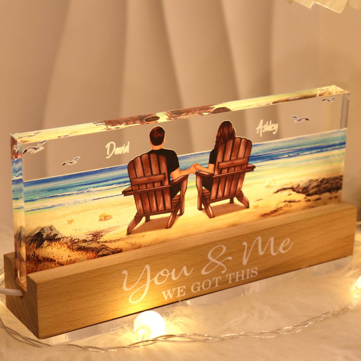 Couple Sitting At Beach Retro - Personalized Acrylic Block Plaque LED Night Light - Anniversary Gift For Couple, For Dad Mom