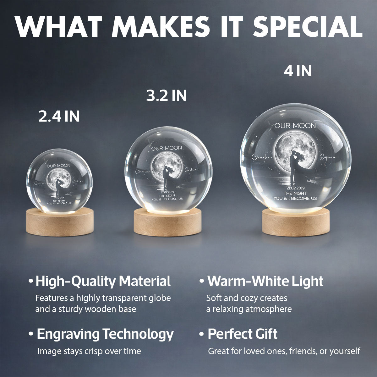 Couple Kissing Under the Moonlight, Custom Moon Phase by Date - Personalized Crystal Ball LED Night Light - Sentimental Gift for Her, for Him