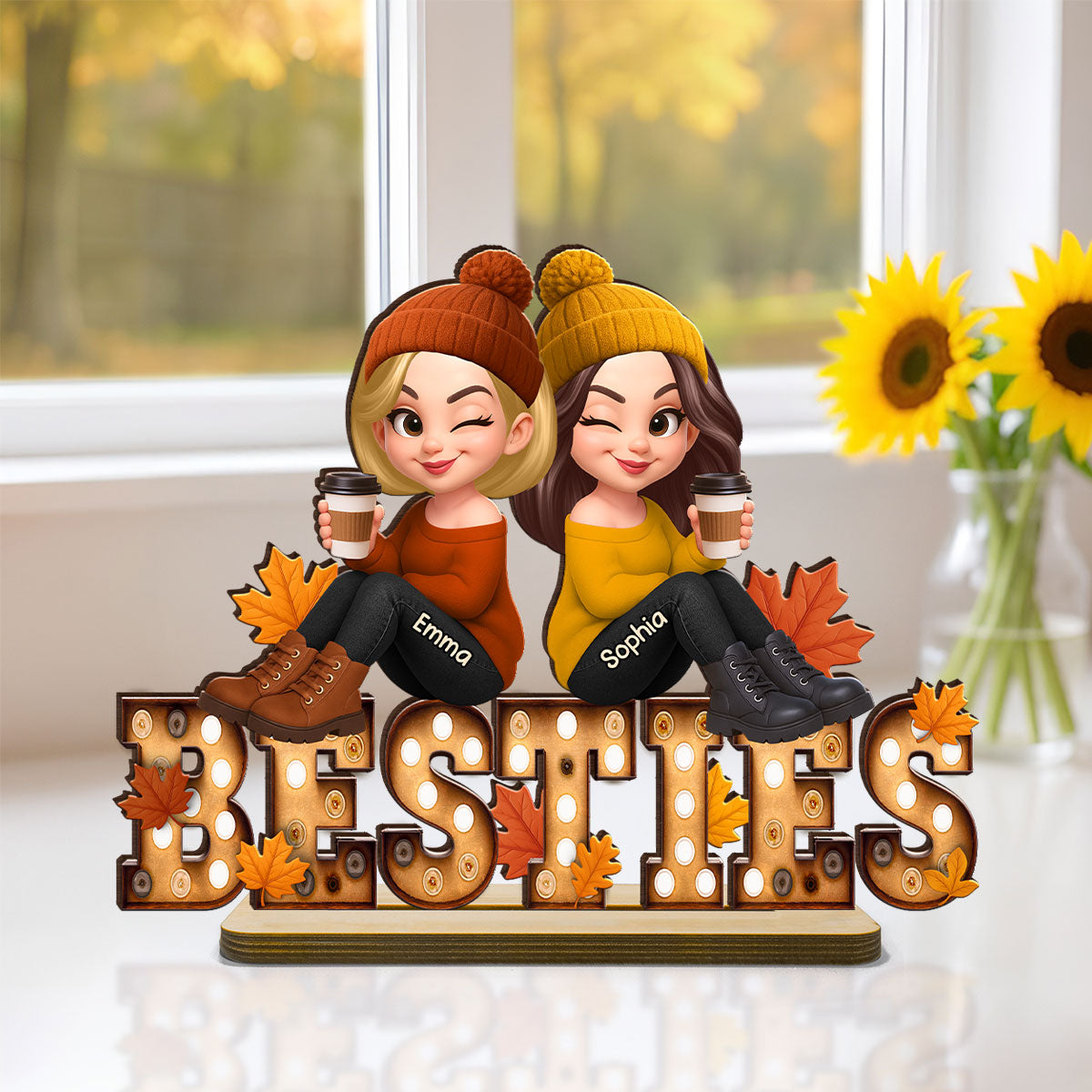 Fall Besties Sitting On Text Marquee Effect - Personalized 2-Layered Wooden Plaque - Meaningful Gift For Best Friend