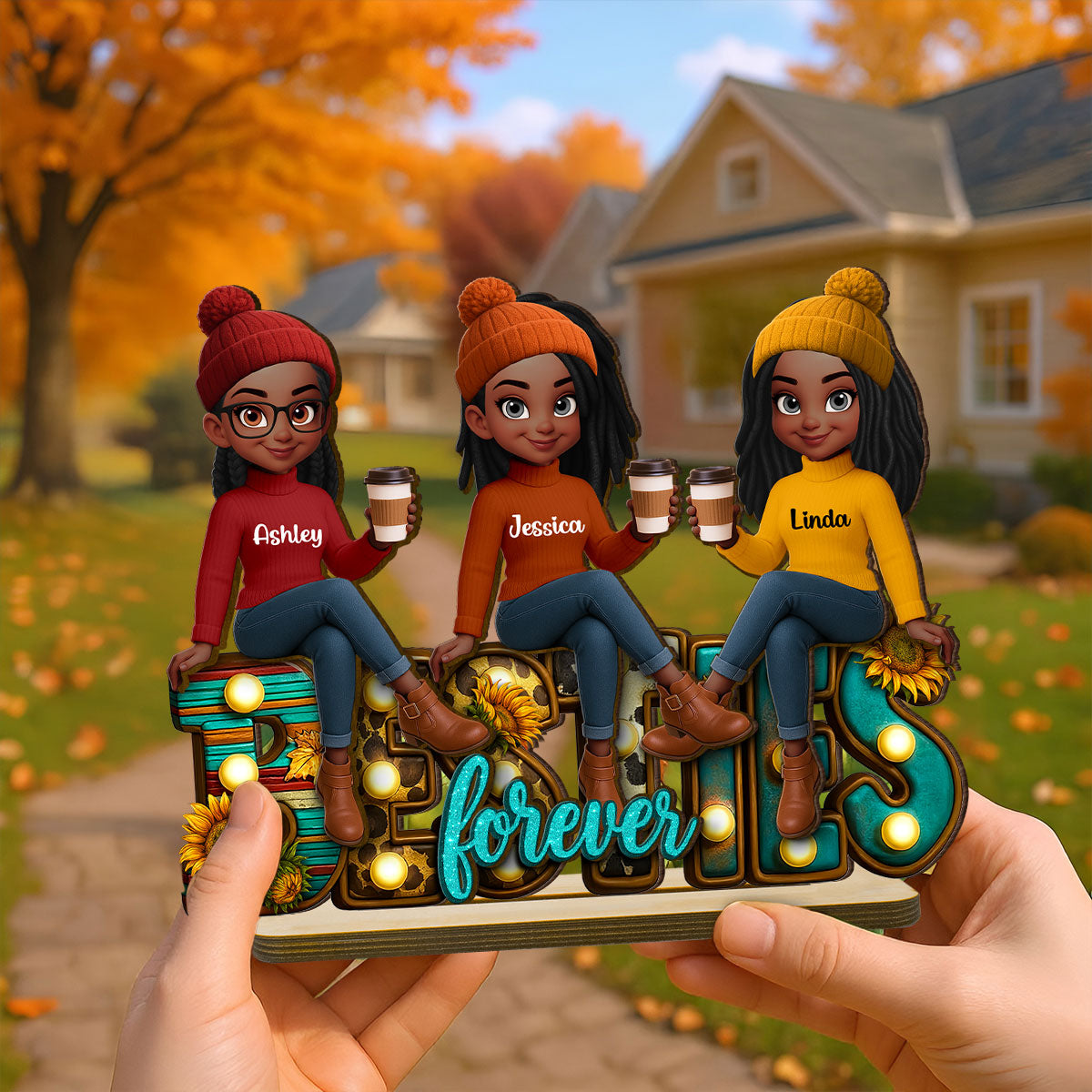 Western Fall Vibe Besties Sitting Personalized Standing Wooden Plaque, Fall Gift for Best Friends