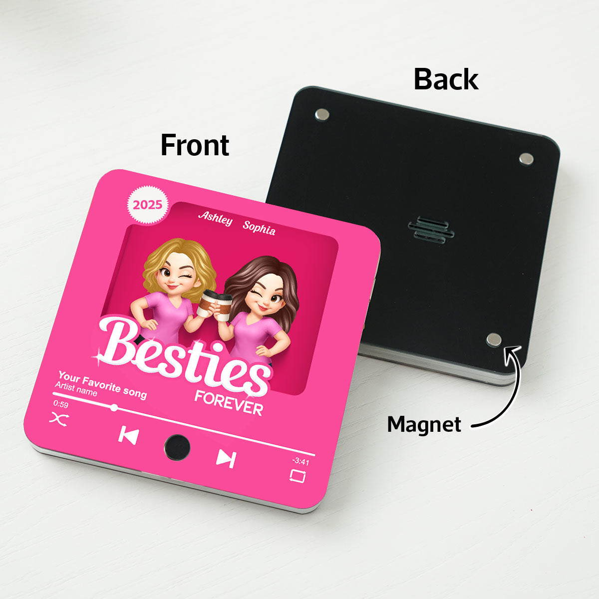 Besties Partner In Crime Pink 3D Effect Action Figure - Personalized Music Fridge Magnet