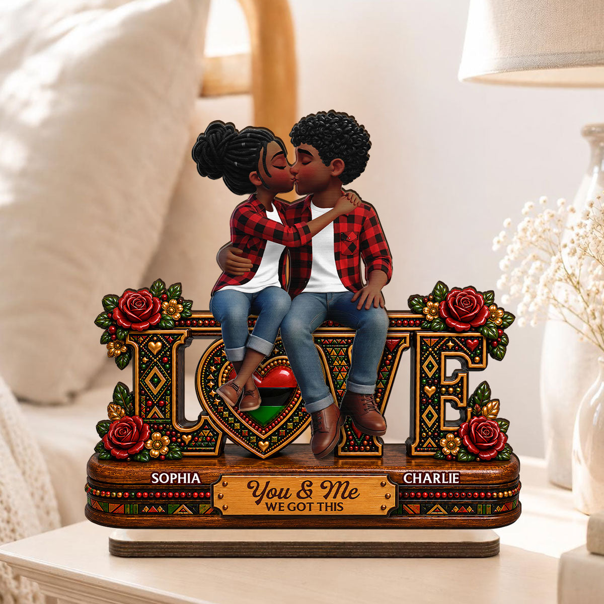 Tribal Pattern Eternal Love Couple Together - Personalized 2-Layered Wooden Plaque - Anniversary Gift For Couple