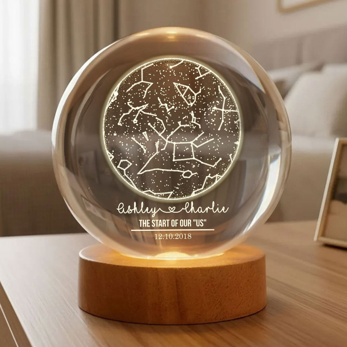Custom Constellation Couple Star Map by Date - Personalized Crystal Ball Night Light - Heartfelt Anniversary Gift, Valentine's Day Gift for Her, for Him