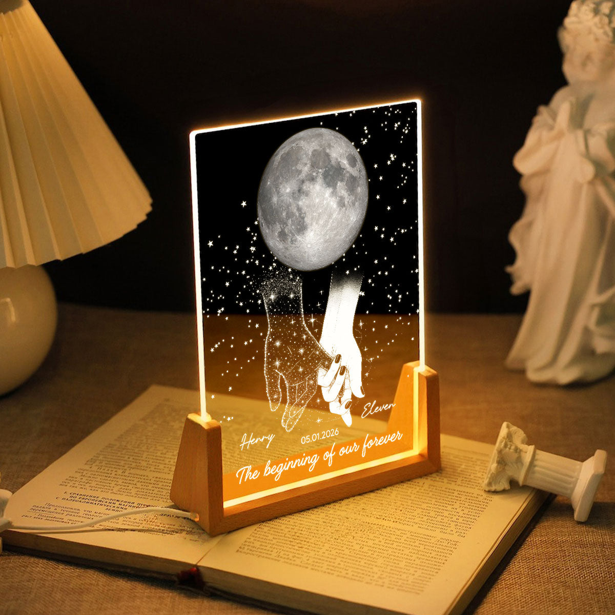 Couple Moon Phase The Beginning Of Our Forever - Personalized Acrylic LED Night Light - Wedding Anniversary Gift For Couple
