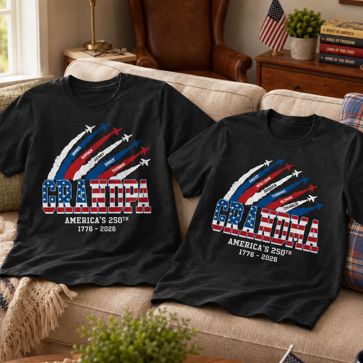 Proud Grandma Grandpa Nation Flag America 250th Anniversary - Personalized Set Of 2 Shirts - 250 Years Of Freedom Celebration, Matching Shirts