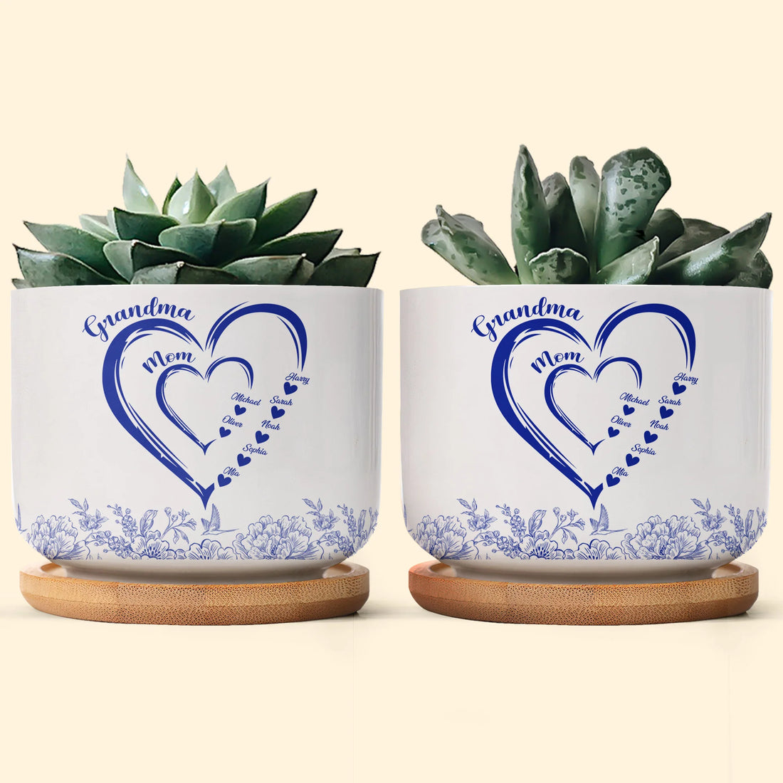 Mom Grandma Hearts Custom Kids' Names - Personalized Ceramic Plant Pot