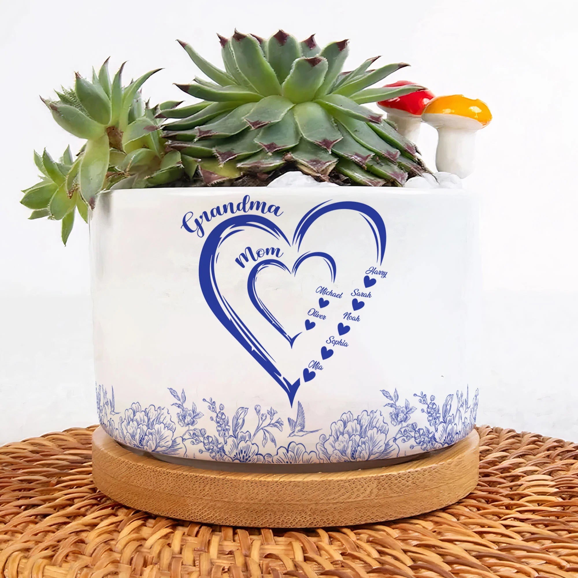 Mom Grandma Hearts Custom Kids' Names - Personalized Ceramic Plant Pot