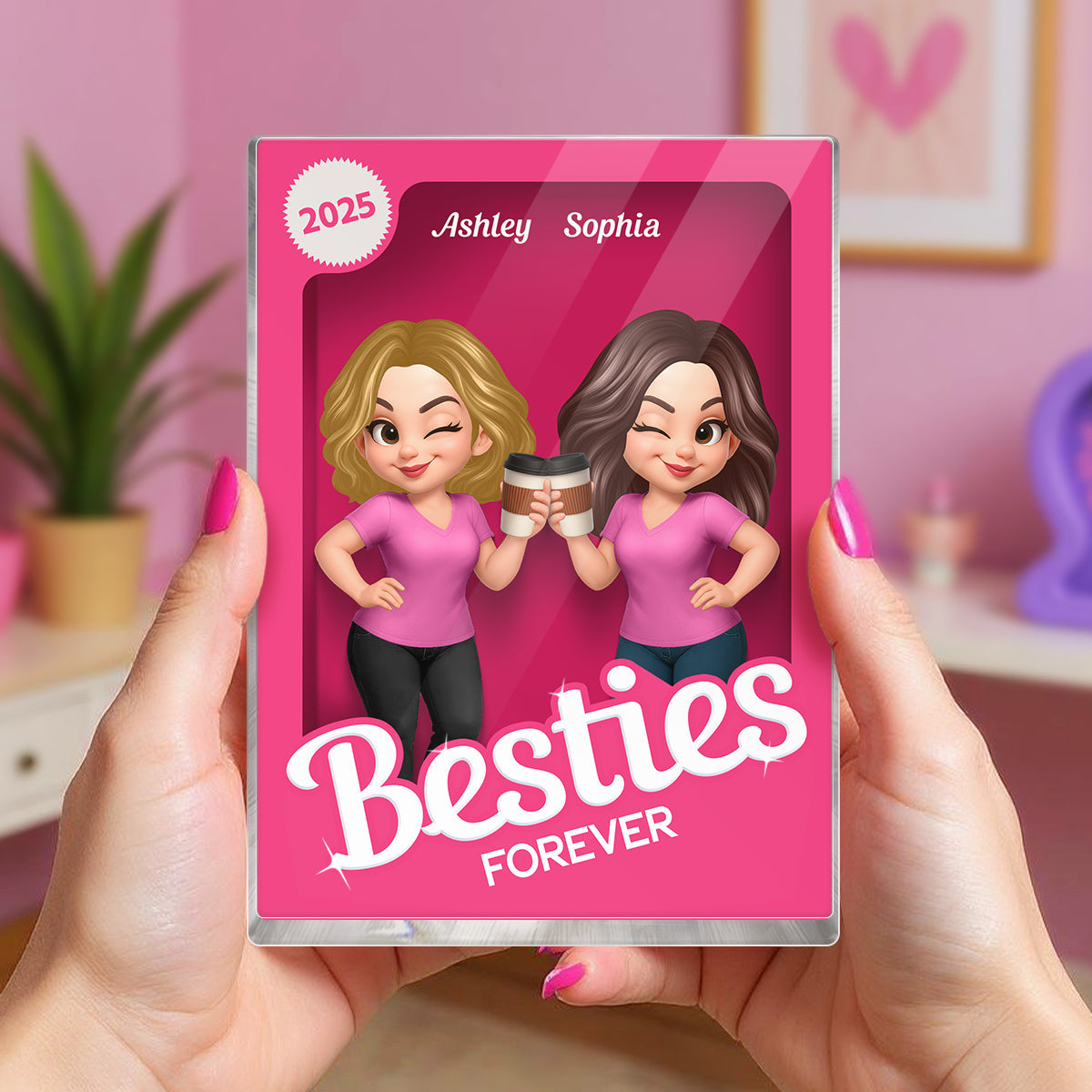 Besties Forever Pink Action Figure 3D Effect - Personalized Acrylic Block Plaque - Meaningful Gift For Best Friend