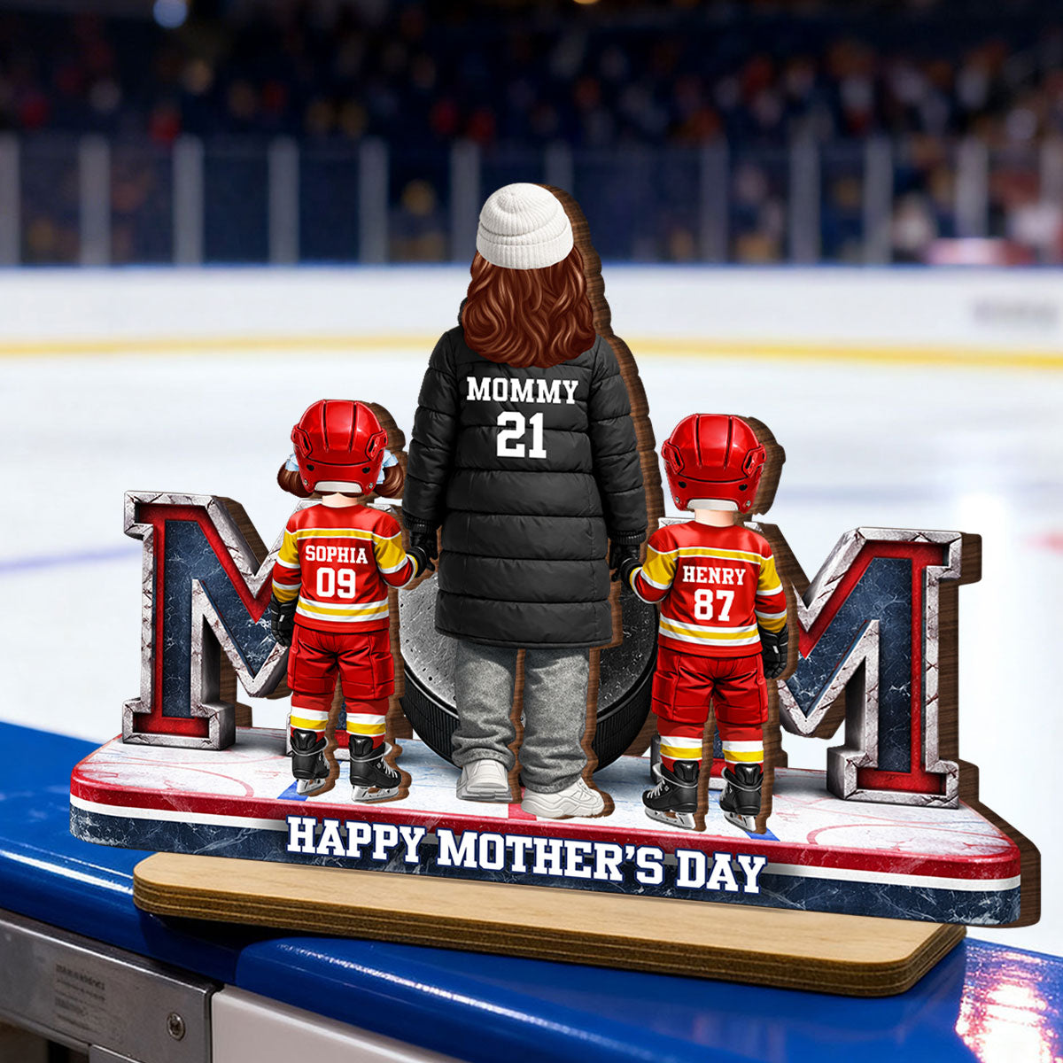 Hockey Mom And Kids Together - Personalized 2-Layered Wooden Plaque - Mother's Day Gift For Hockey Mom, Gift For Wife