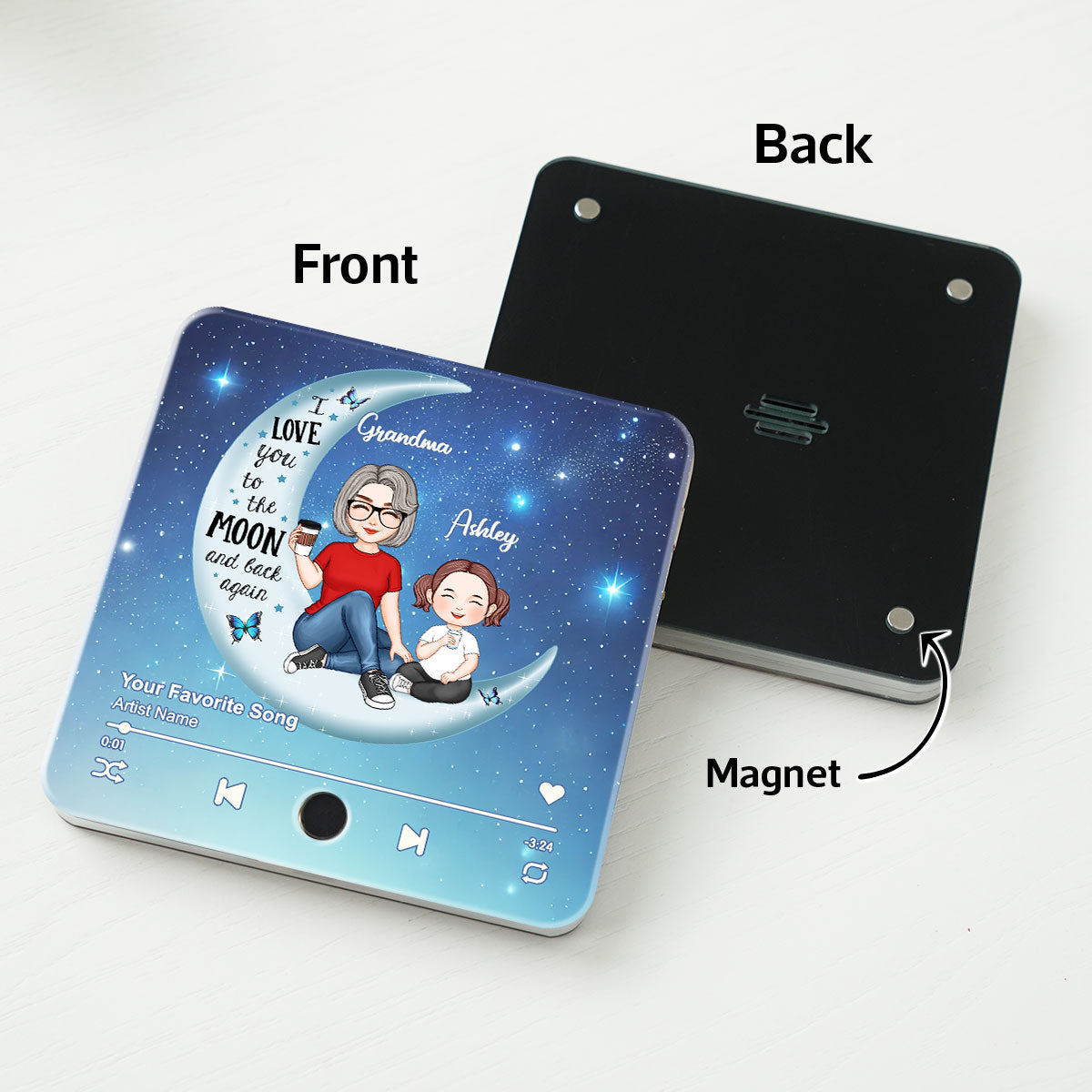 Cute Grandma Grandkids On Moon Personalized Music Fridge Magnet, Heartfelt 2025 Gift Birthday Gift For Mom For Grandma
