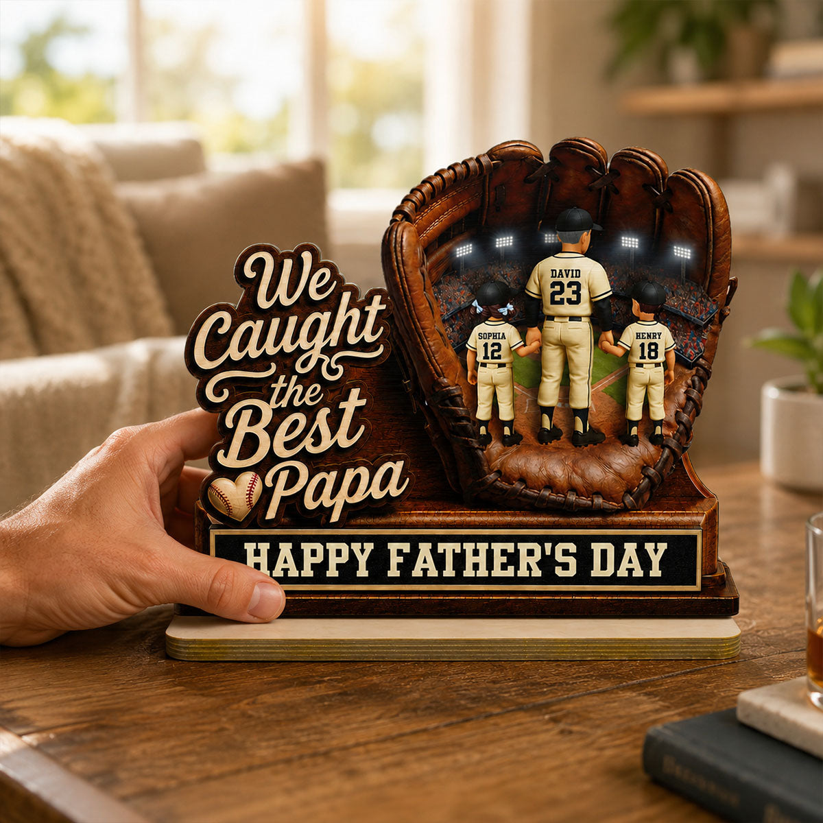 We Caught The Best Grandpa Man & Kids In Glove - Personalized 2-Layered Wooden Plaque - Happy  For Baseball Grandpa