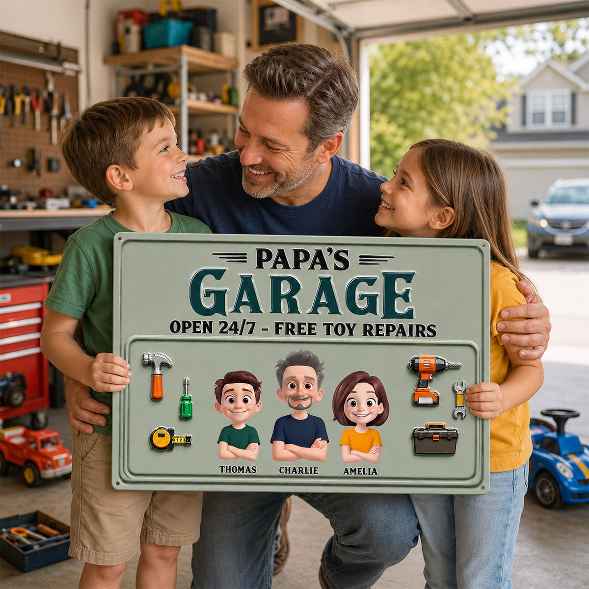 Dad's Garage Open 24/7 Free Toy Repairs - Personalized Metal Sign - Heartfelt Gift For Dad, Grandpa, Husband