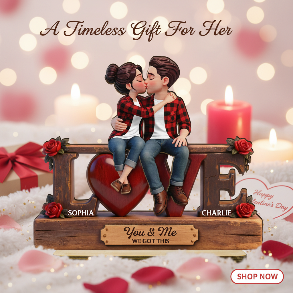Eternal Rose LOVE Couple Forever Together - Personalized 2-Layered Wooden Plaque - Heartfelt Gift For Couple, For Him, For Her