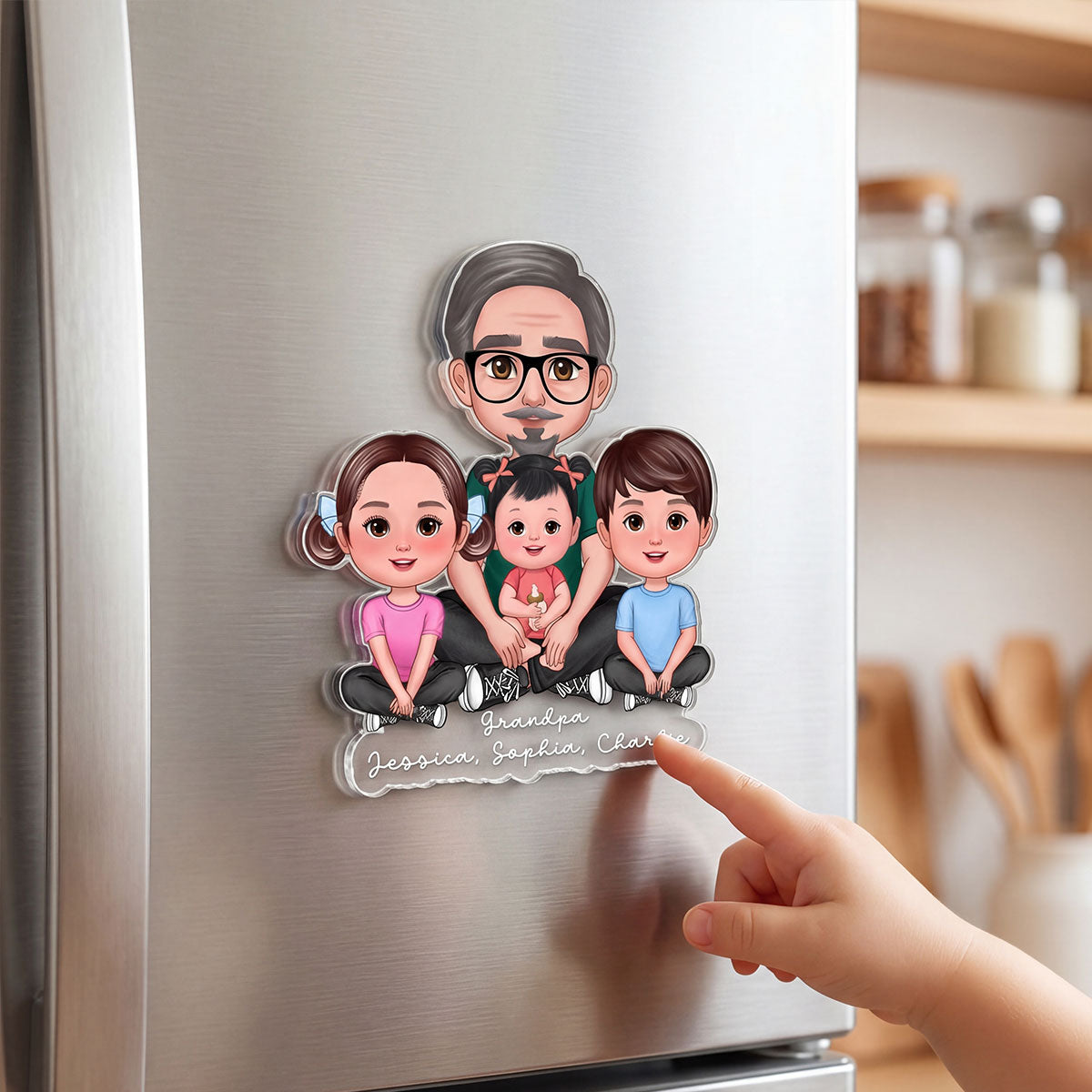 Forever Love Dad Grandpa Sitting With Kids - Personalized Acrylic Fridge Magnet - Father's Day Gift For Dad, Husband, Grandpa