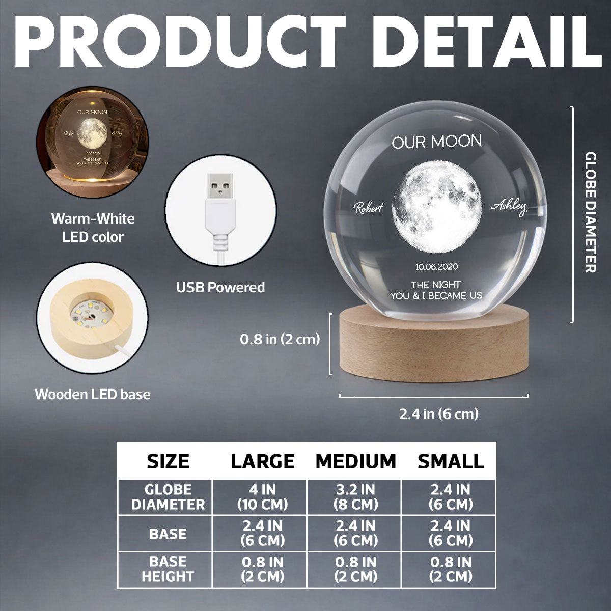 Personalized Moon Phase Crystal Ball Night Light - Custom Date Gift for Mom & Her - Unique Anniversary or Birthday Keepsake