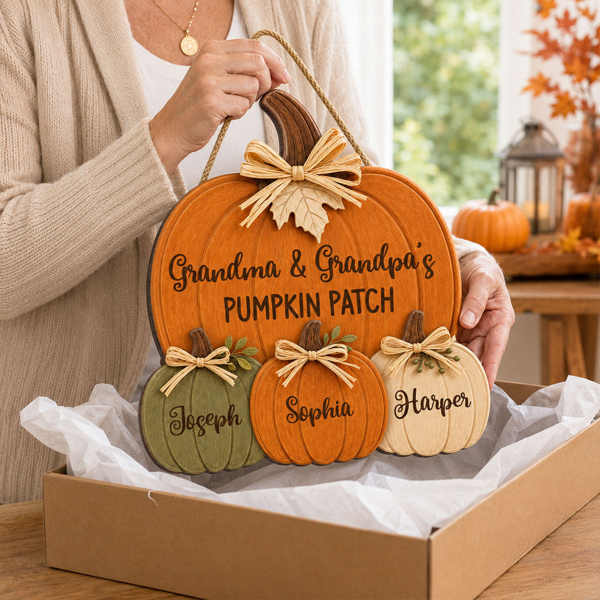 Grandma Grandpa's Pumpkin Patch 2D Flat - Personalized Door Hanger - Fall Season Decor For Grandparents