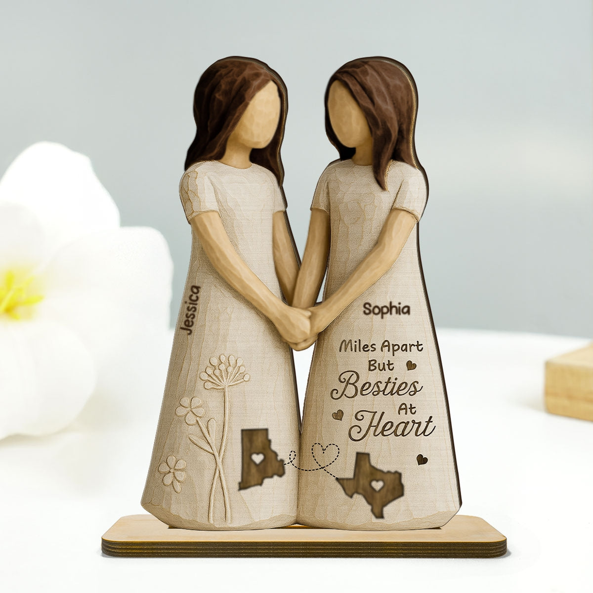 Miles Apart Besties At Heart 3D Effect Personalized Standing Wooden Plaque, Birthday Gift, Long Distance Friendship Gift for Best Friends