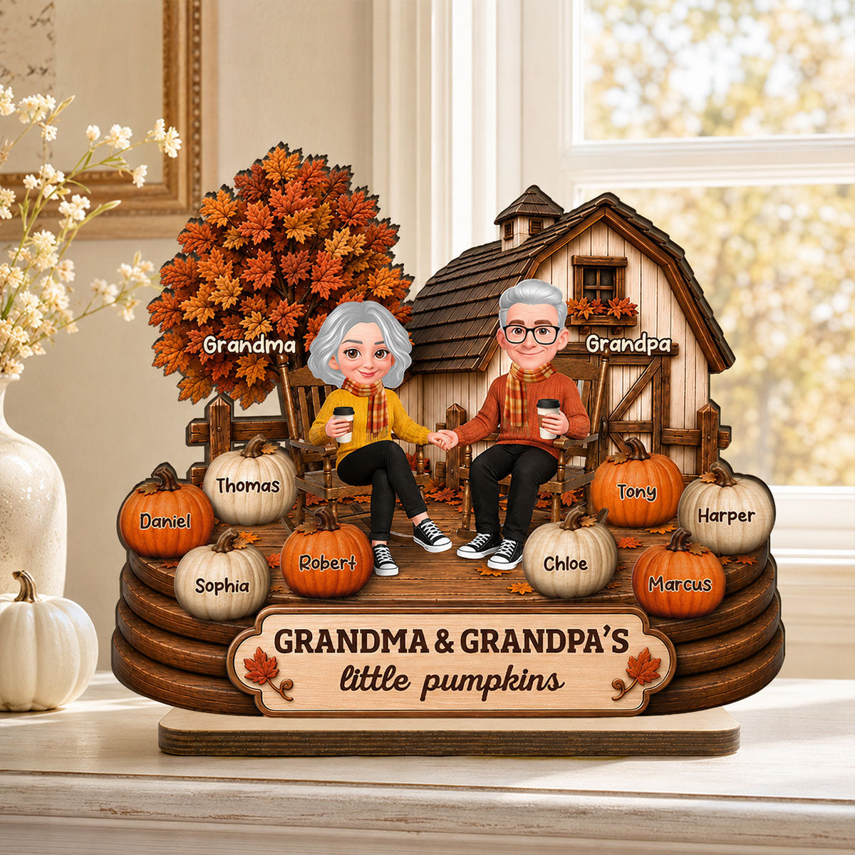 Fall Season Cozy Warm Farmhouse Style Grandma Grandpa Little Pumpkins - Personalized 2-Layered Wooden Plaque - Fall Decor For Grandparents
