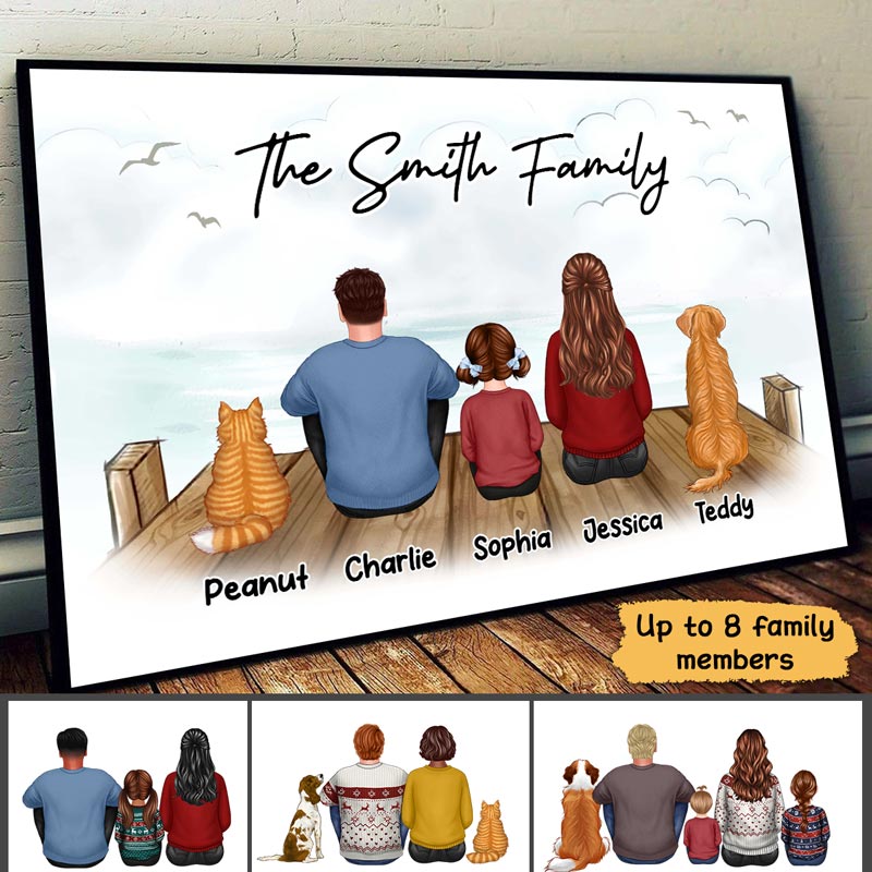 Family Dad Mom Kids Dogs Cats Sitting On The Bridge Personalized Poster, Birthday And Anniversary Gift For Dad, Mom, Husband, Wife