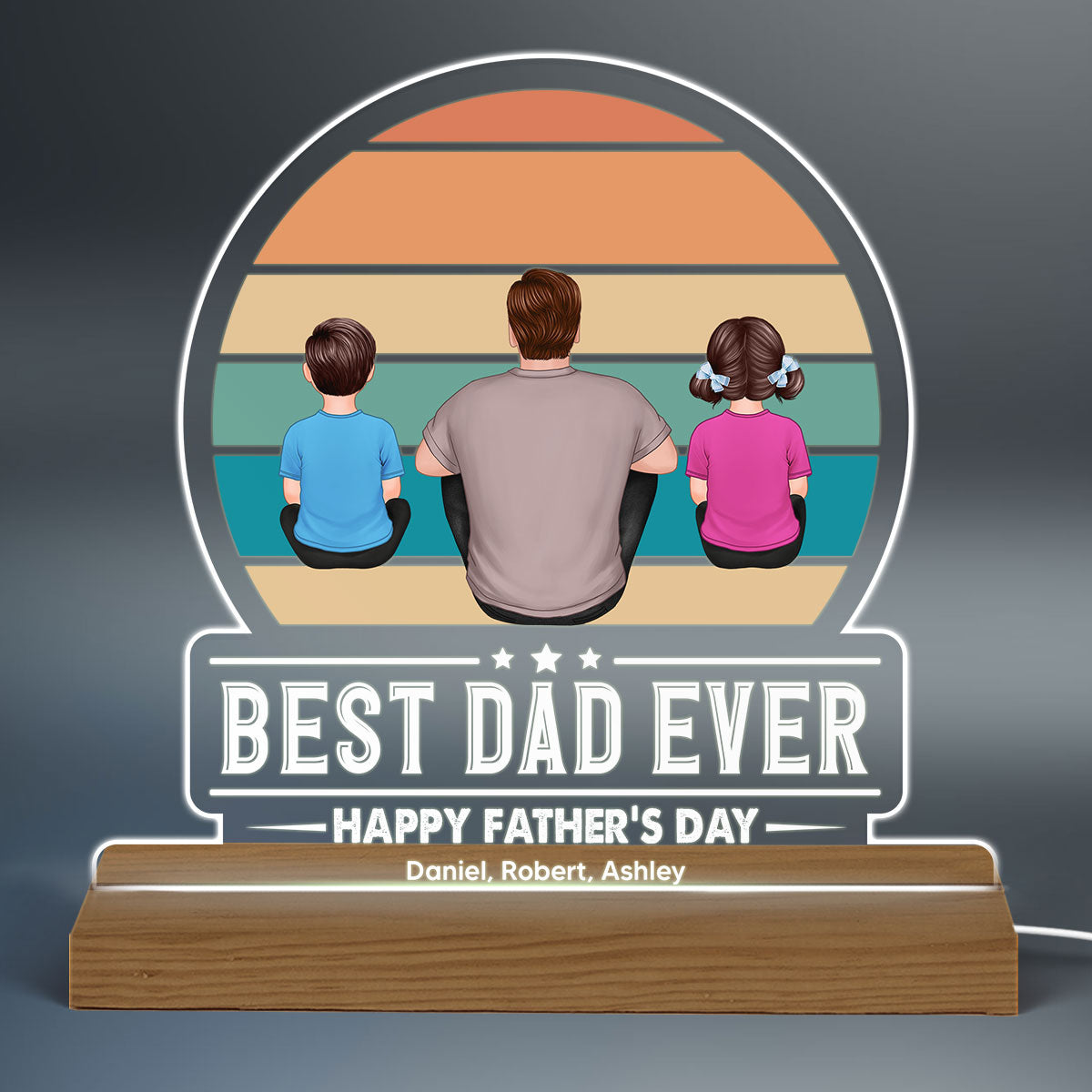Best Dad Ever Retro Man Kids Dogs Cats Back View Personalized Warm Acrylic Custom Shape LED Night Light