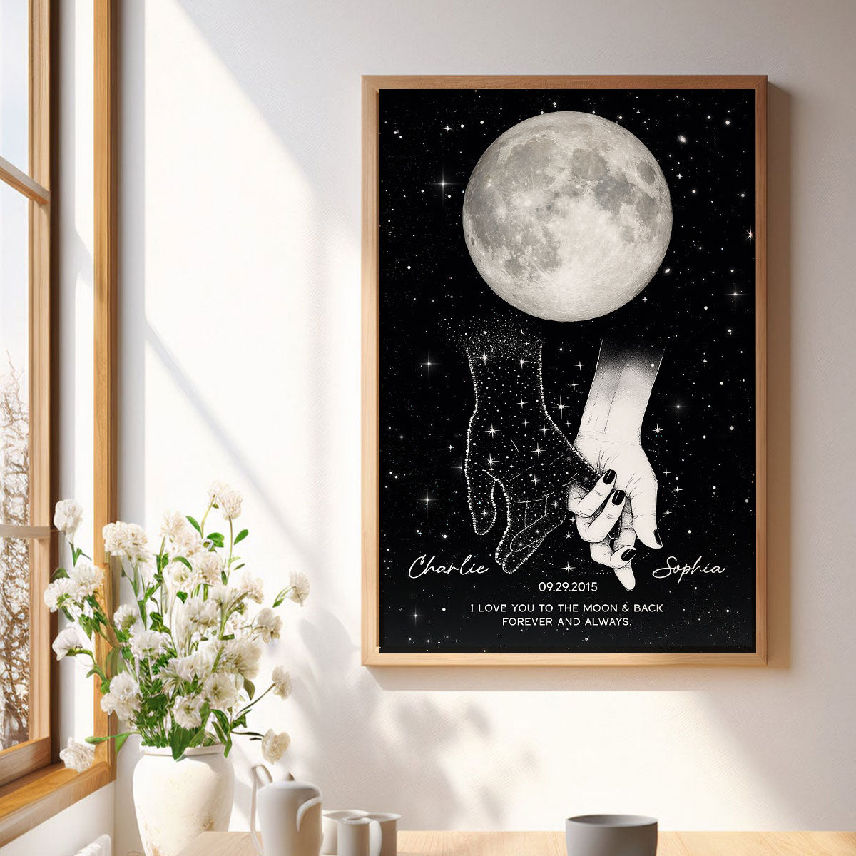 Lost Loved One Holding Hands Moon Phase Galaxy Art Memorial Sympathy Gift Personalized Poster