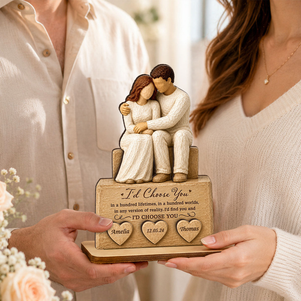 I'd Choose You Husband and Wife Couple - Personalized 2-Layered Wooden Plaque - Heartfelt Anniversary Gift for Her, for Him