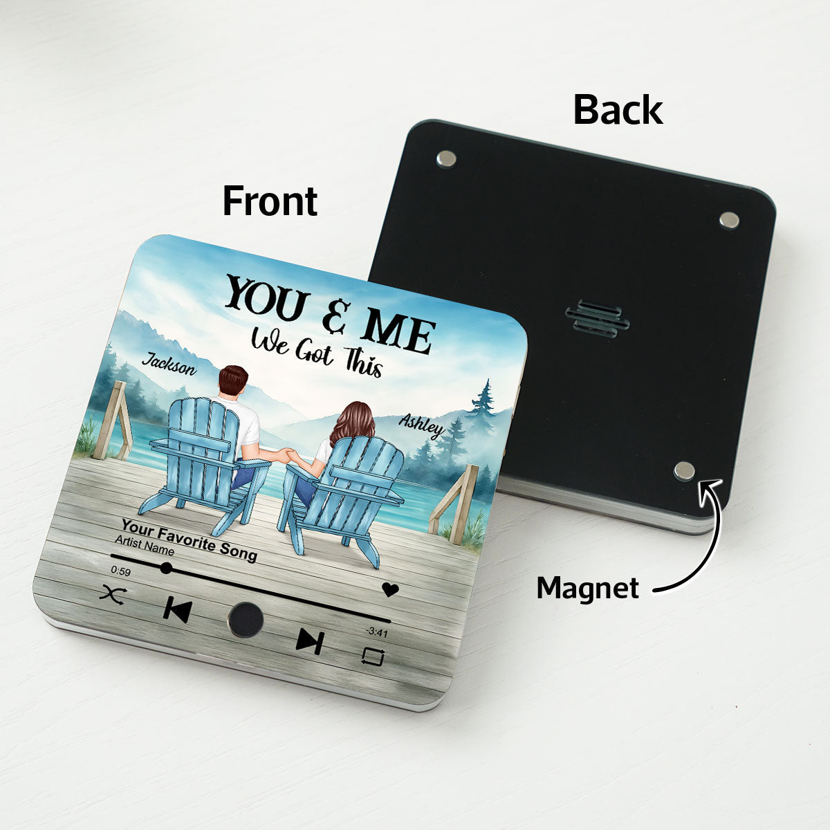 Lakeside Mountain Landscape Couple Back View Personalized Music Fridge Magnet, Anniversary Gift for Him for Her