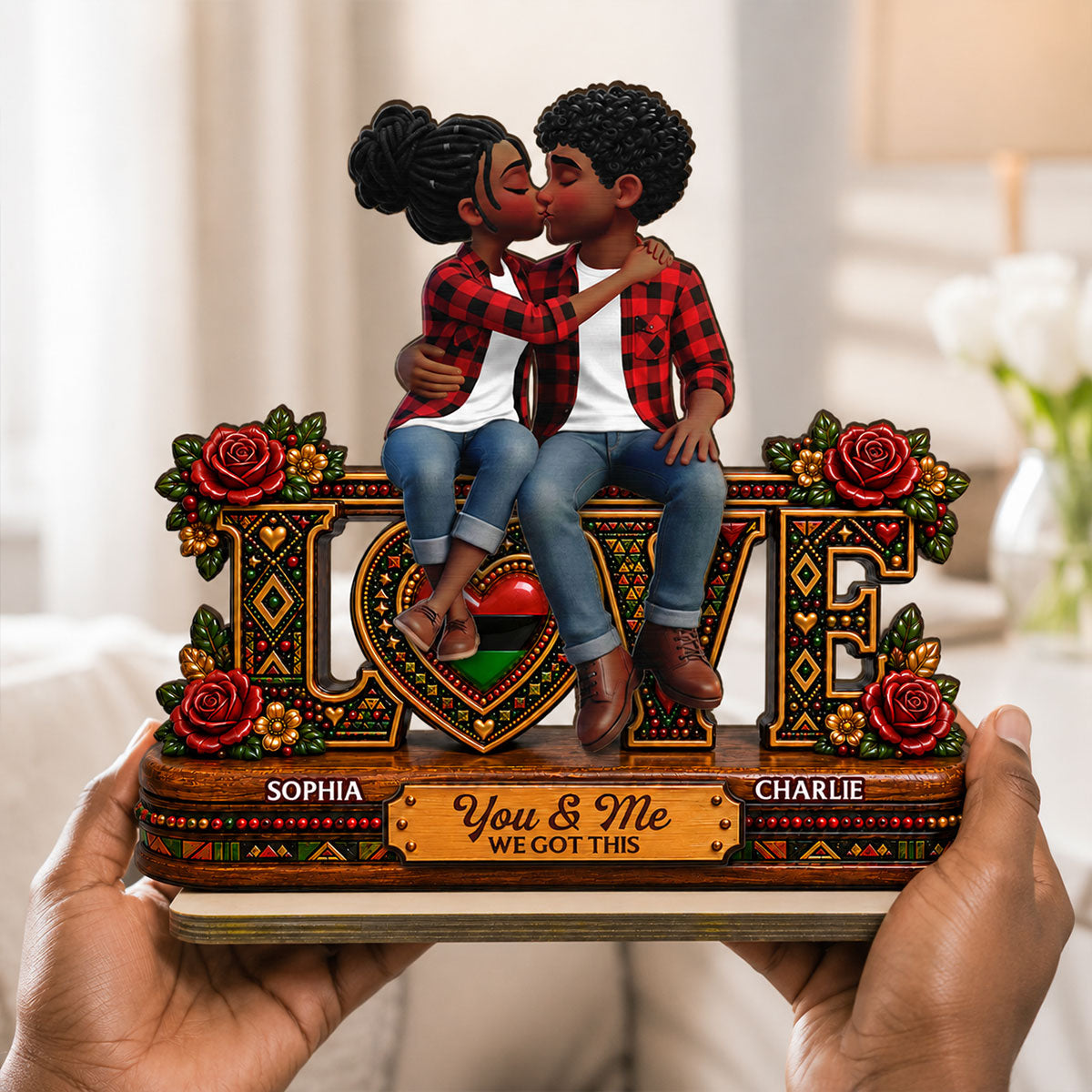 Tribal Pattern Eternal Love Couple Together - Personalized 2-Layered Wooden Plaque - Anniversary Gift For Couple