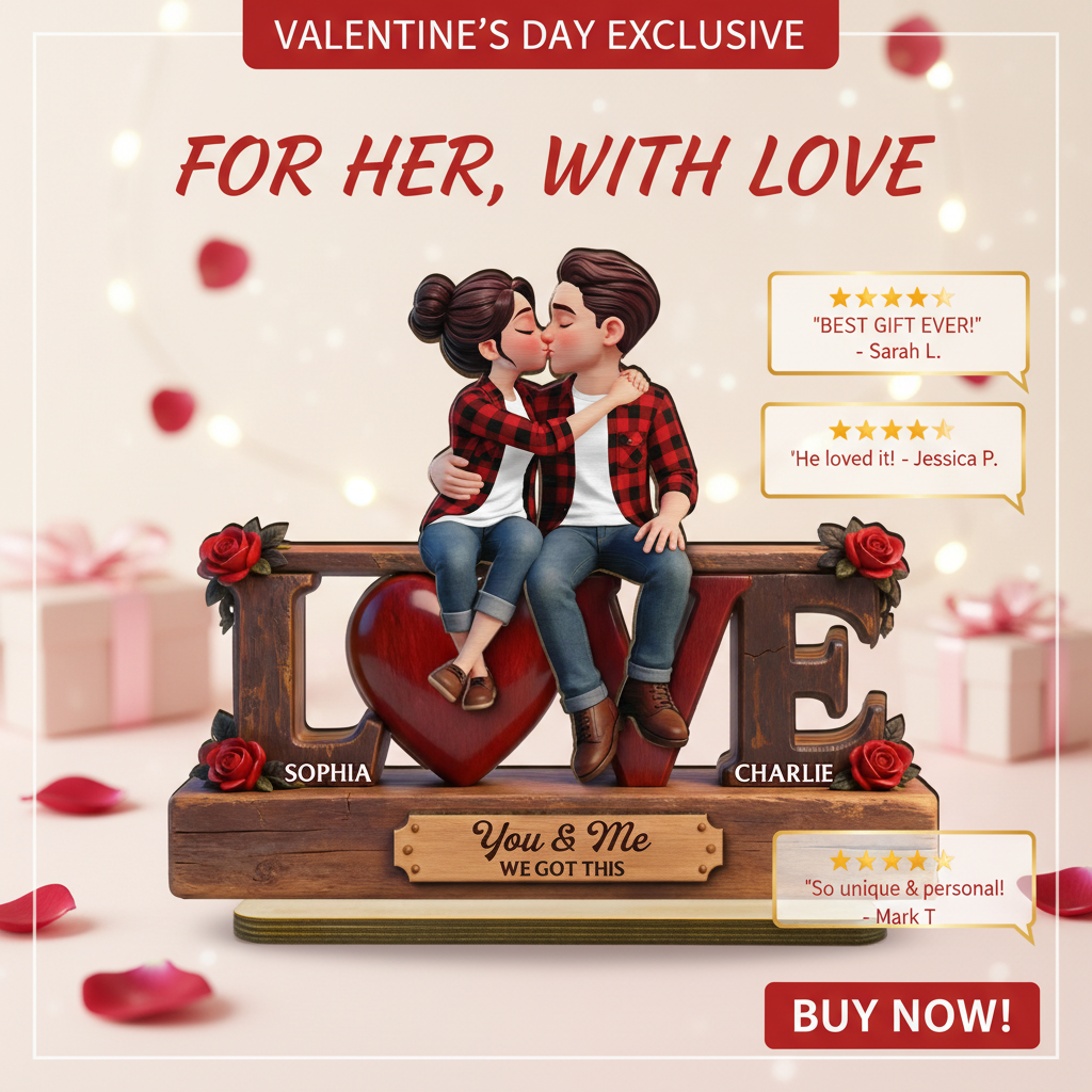Eternal Rose LOVE Couple Forever Together - Personalized 2-Layered Wooden Plaque - Heartfelt Gift For Couple, For Him, For Her