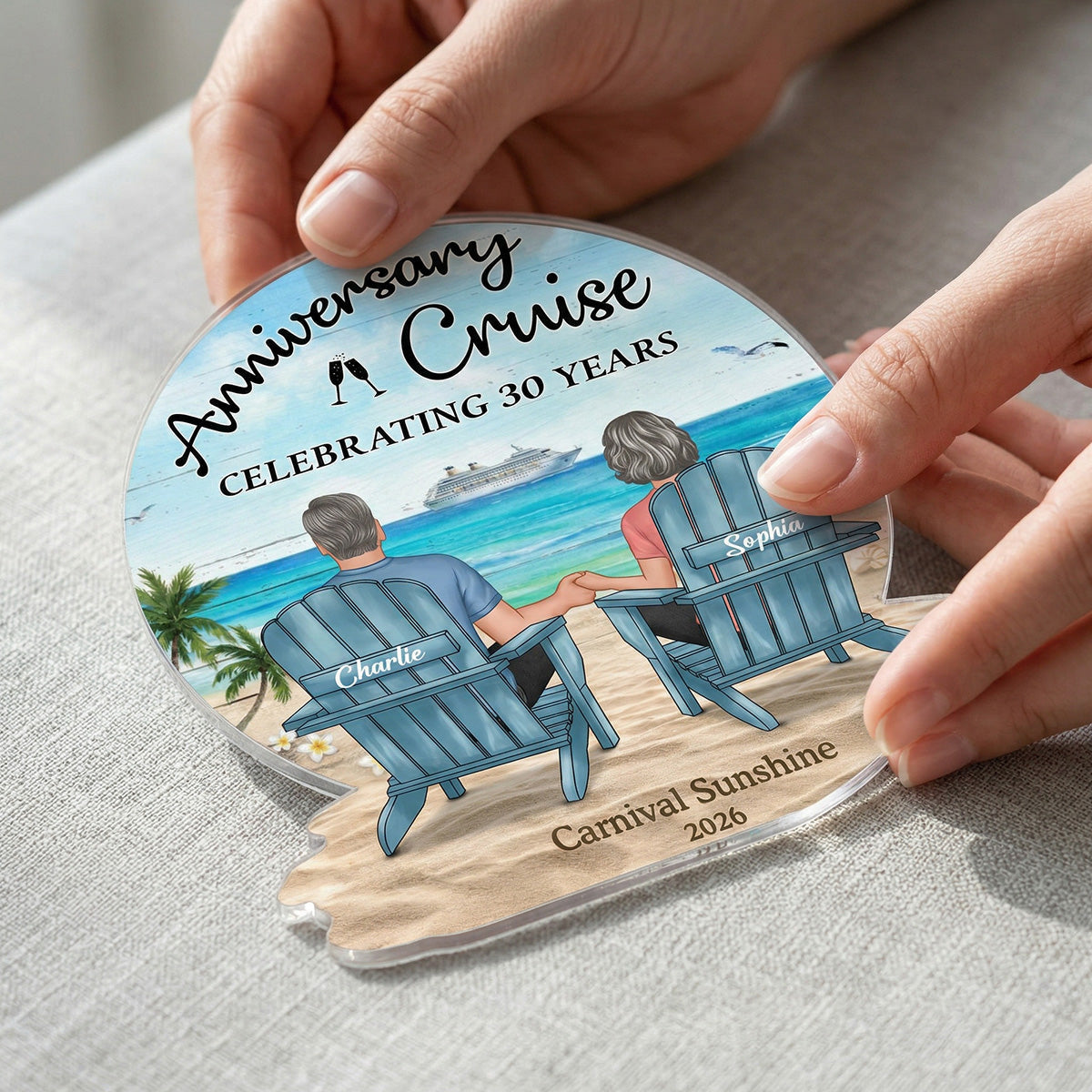 Celebrating Anniversary Couple Back View At The Beach - Personalized Cruise Cabin Door Magnet - Anniversary Cruise Keepsake