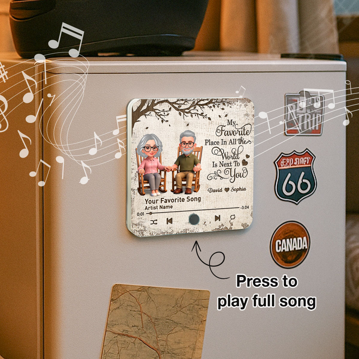 Old Couple On Rocking Chair Under Tree - Personalized Music Fridge Magnet - Anniversary Gift For Him, For Her