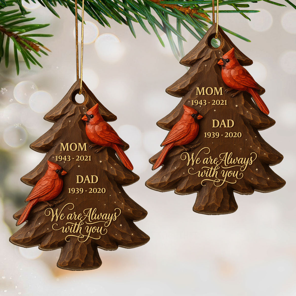 3D Effect Christmas Cardinals Memorial - Personalized Wooden Ornament - Remembrance Gift, Sympathy Gift