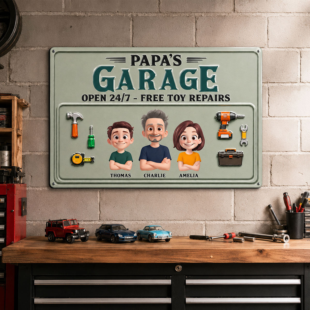 Dad's Garage Open 24/7 Free Toy Repairs - Personalized Metal Sign - Heartfelt Gift For Dad, Grandpa, Husband