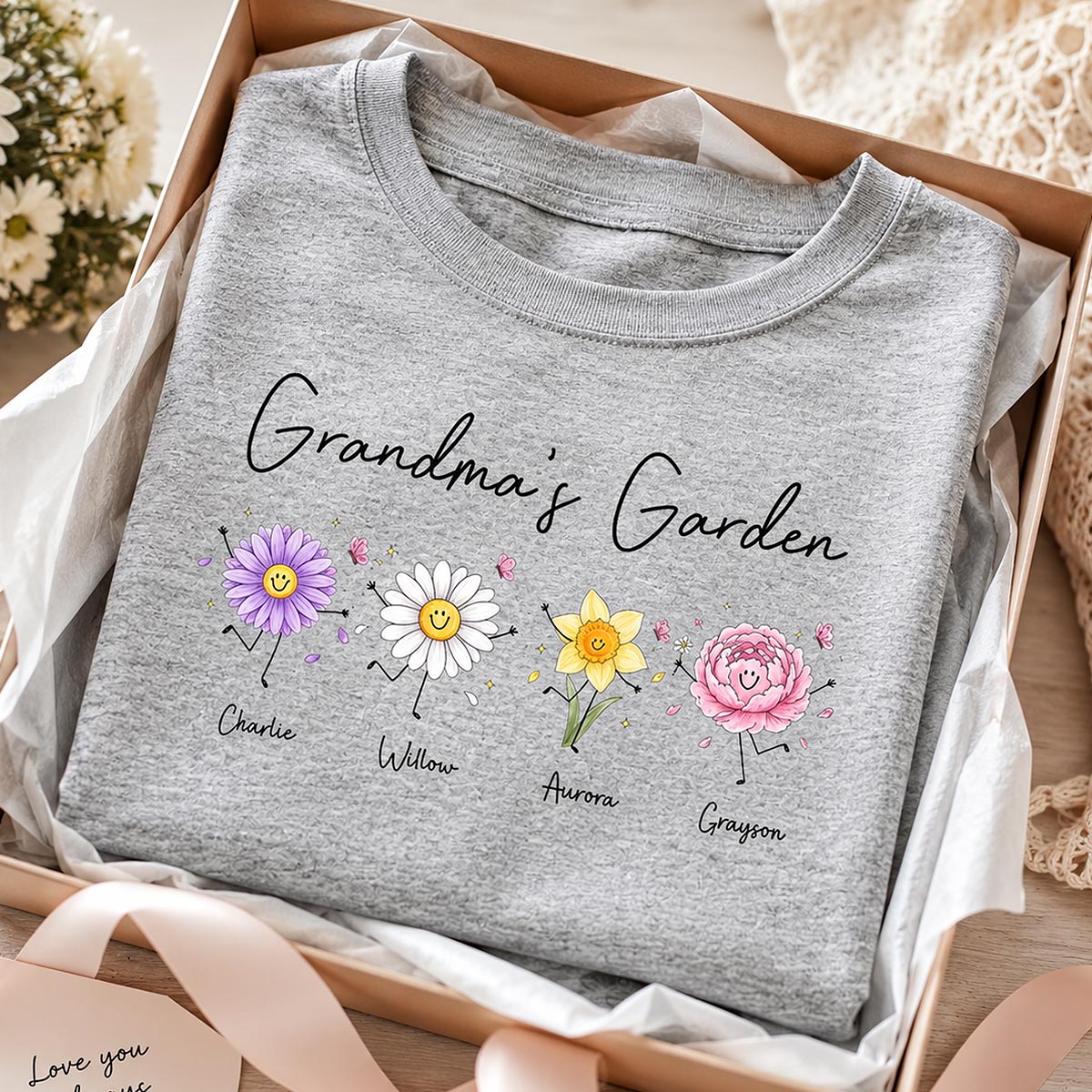 Grandma's Garden Cute Doodle Birth Month Flower - Personalized Shirt - Heartfelt Gift For Grandma, Mom, Auntie