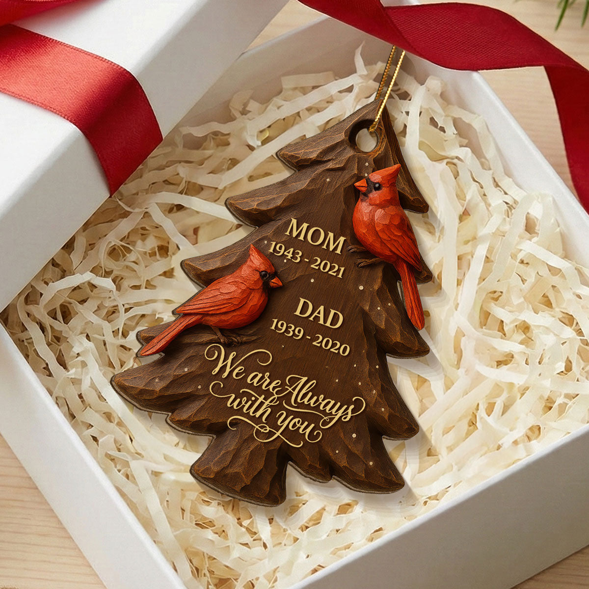 3D Effect Christmas Cardinals Memorial - Personalized Wooden Ornament - Remembrance Gift, Sympathy Gift