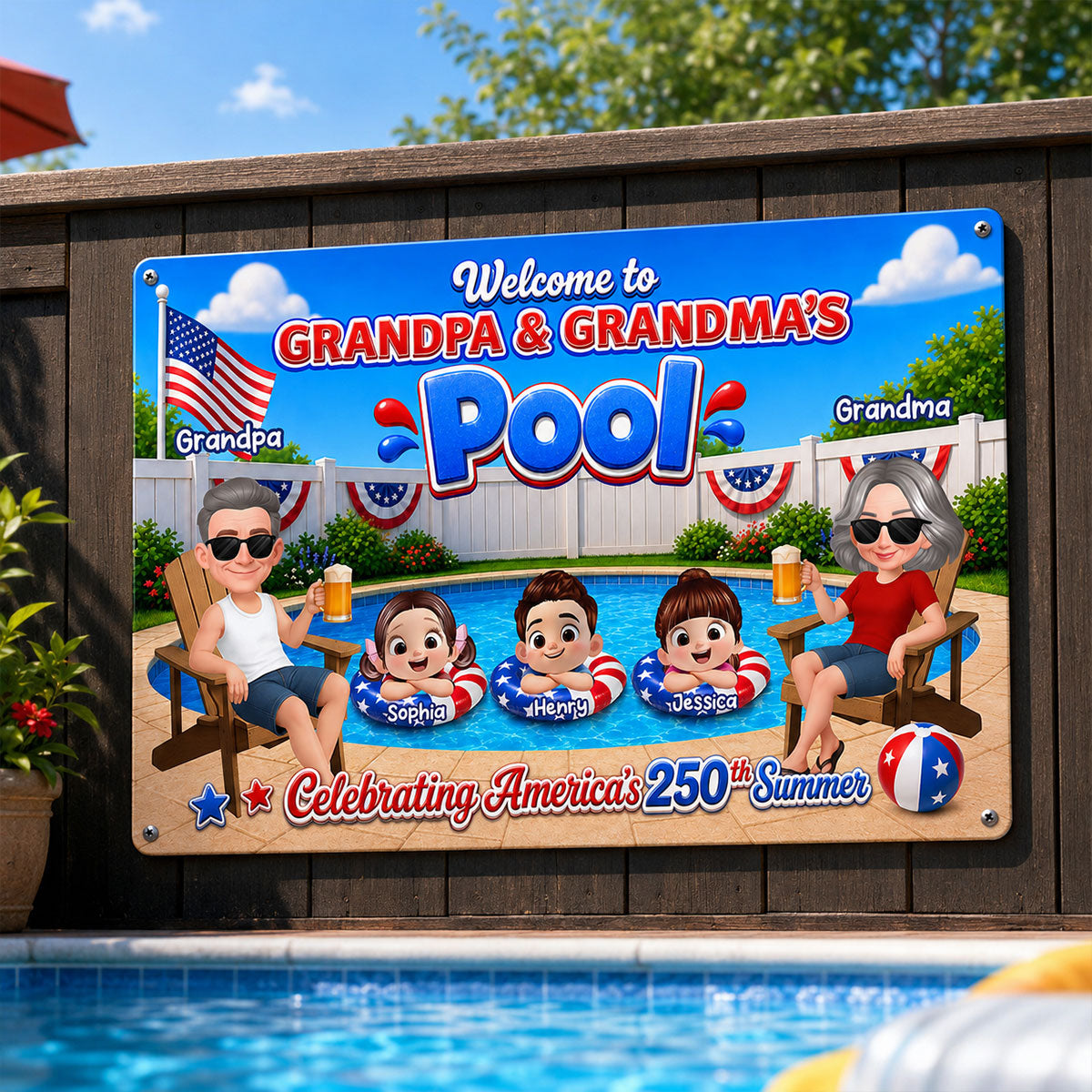 Welcome To Grandma Grandpa Pool America 250th Anniversary - Personalized Metal Sign - Gift For Grandparents, Summer Decoration