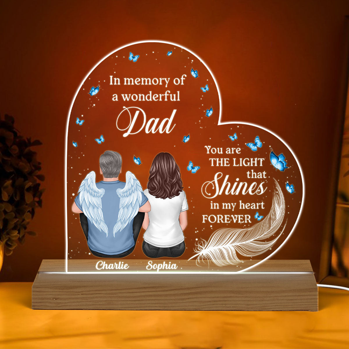 Dad In Heaven Feather Memorial Personalized Warm Acrylic Custom Shape LED Night Light
