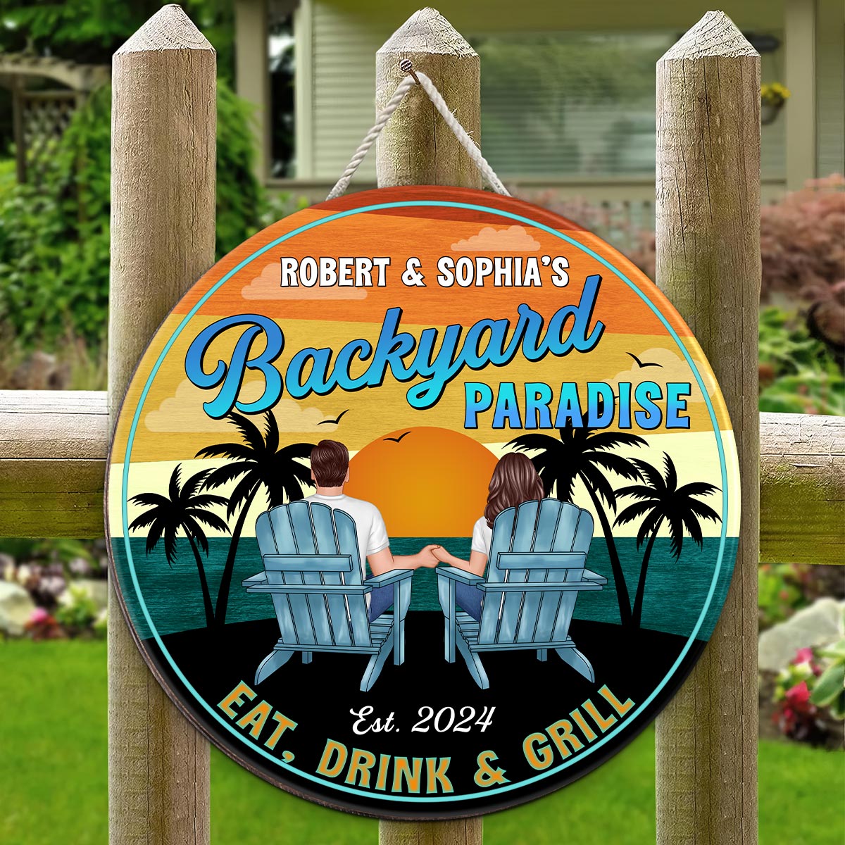 Vintage Backyard Paradise Couple Sitting Personalized Wood Sign, Housewarming, Birthday, Anniversary Gift for Him, Her