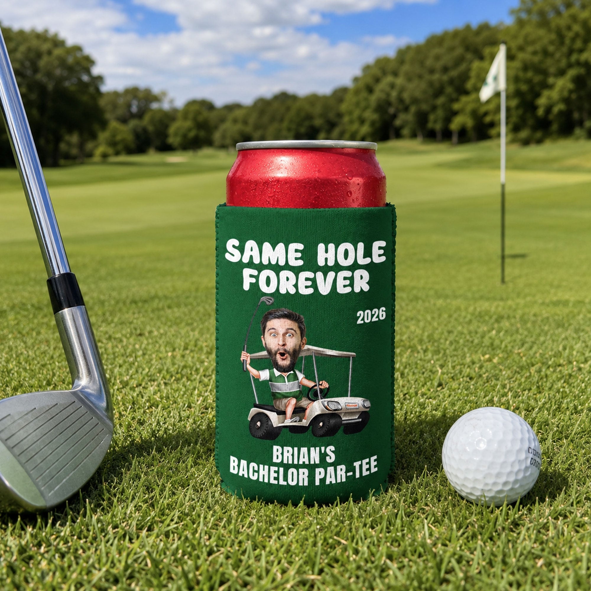 Same Hole Forever Golf Bachelor Party Favors - Custom His Funny Face - Personalized Can Cooler