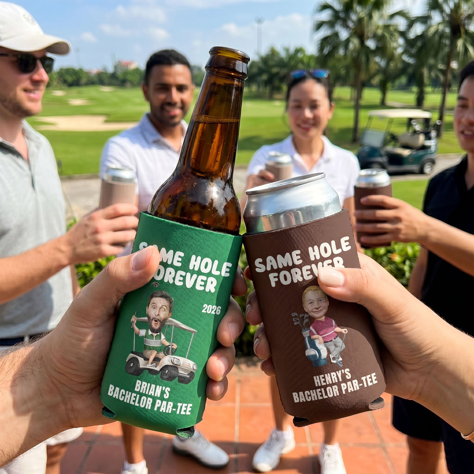 Same Hole Forever Golf Bachelor Party Favors - Custom His Funny Face - Personalized Can Cooler