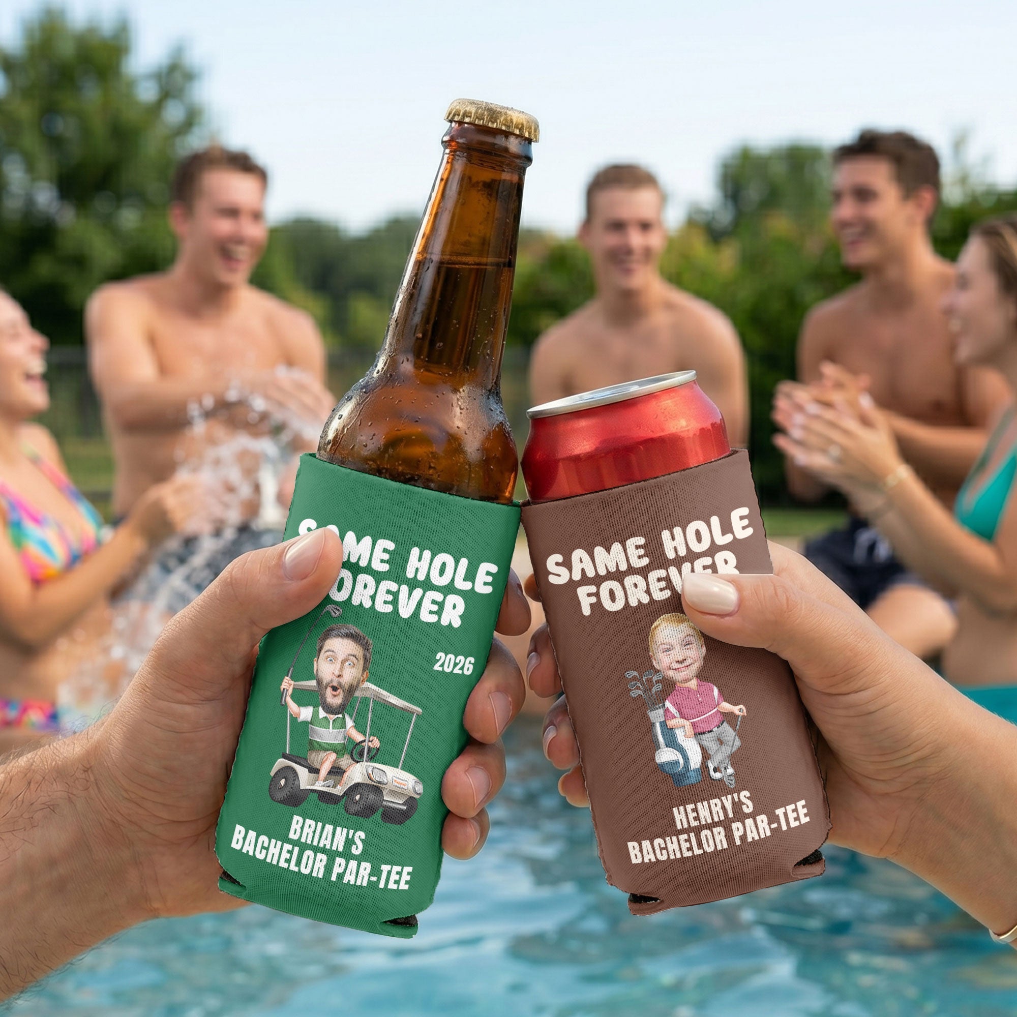 Same Hole Forever Golf Bachelor Party Favors - Custom His Funny Face - Personalized Can Cooler