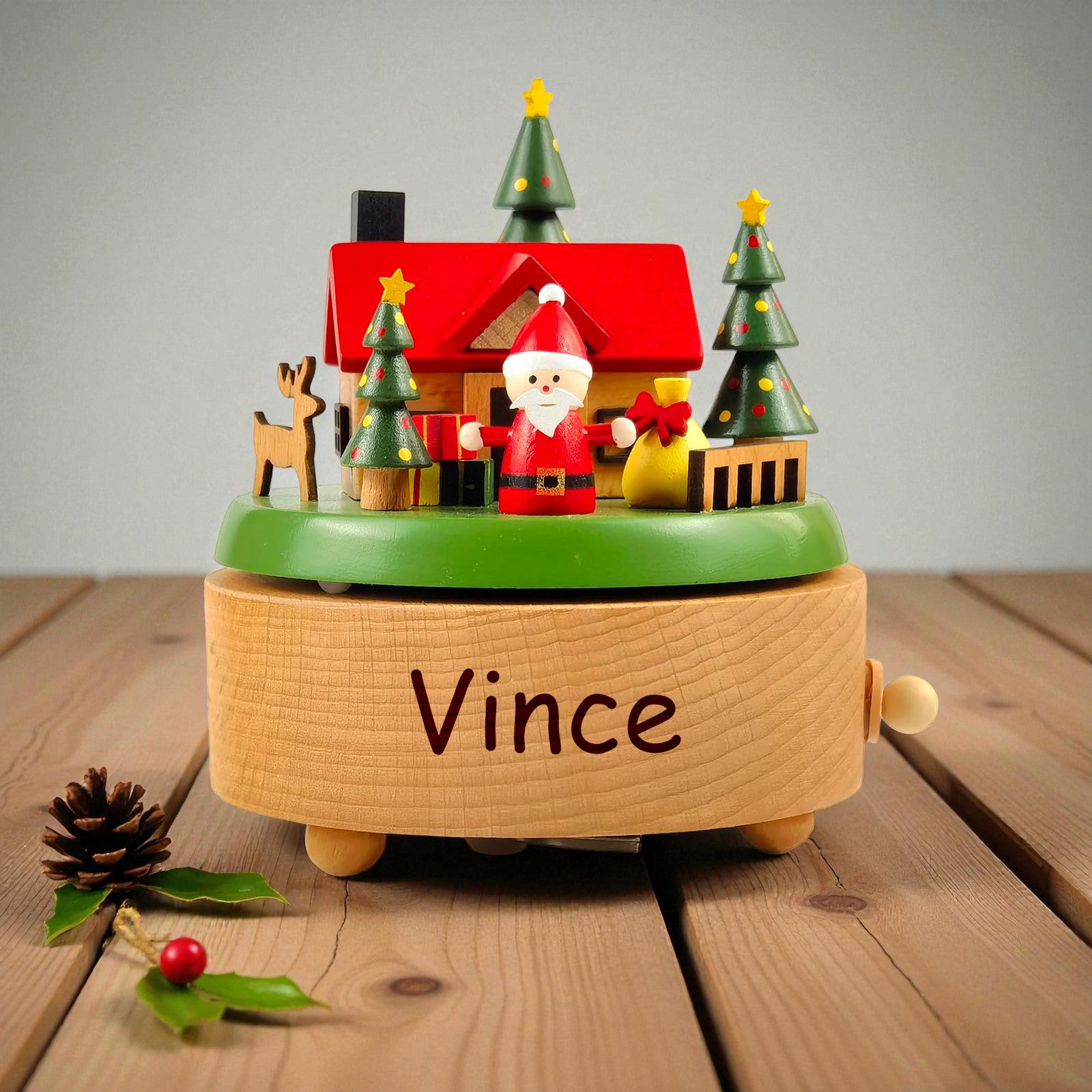 Wooden Christmas Train Castle Music Box, Personalized Engraved Keepsake Carousel Music Box