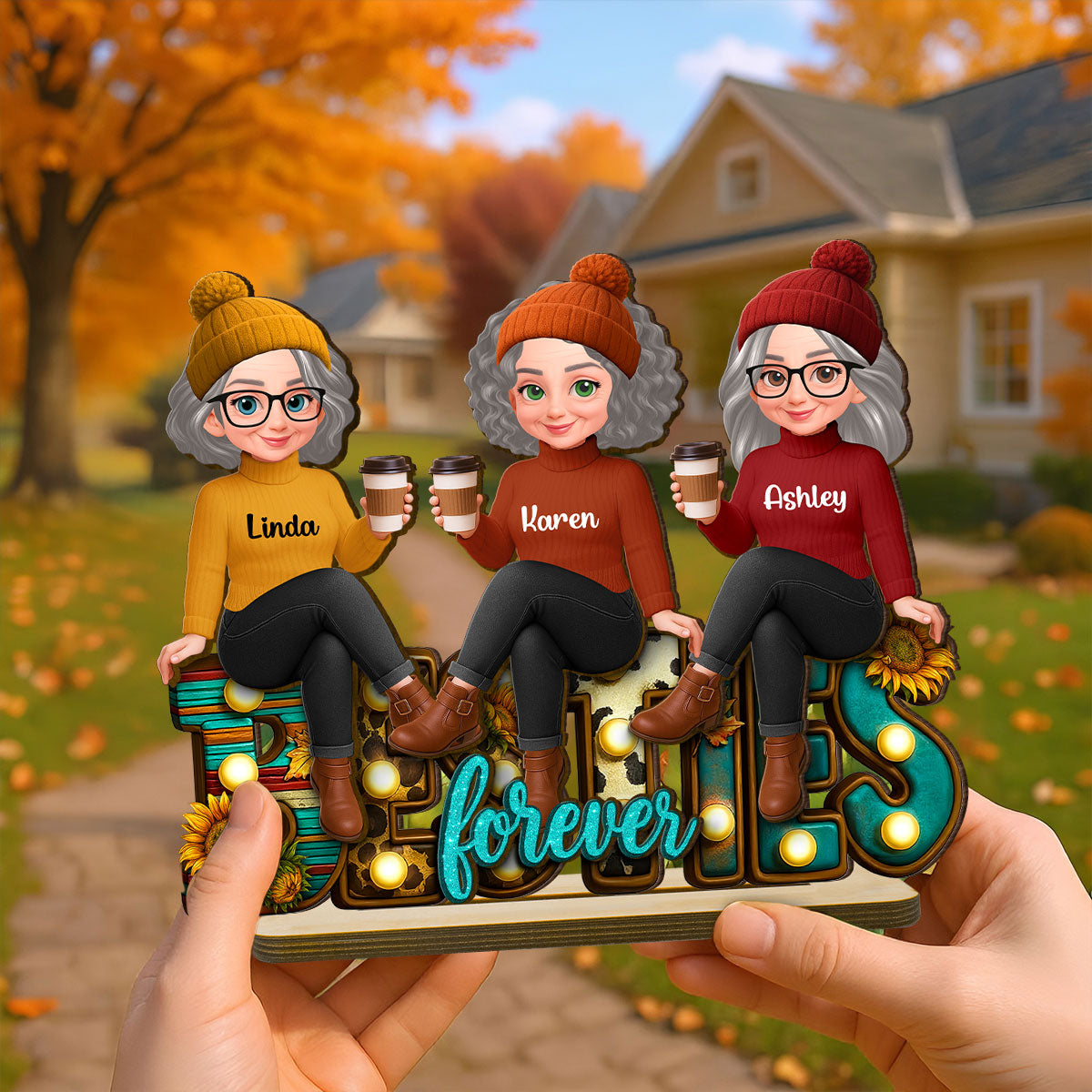 Western Fall Vibe Besties Sitting - Personalized 2-Layered Wooden Plaque - Meaningful Gift For Best Friend
