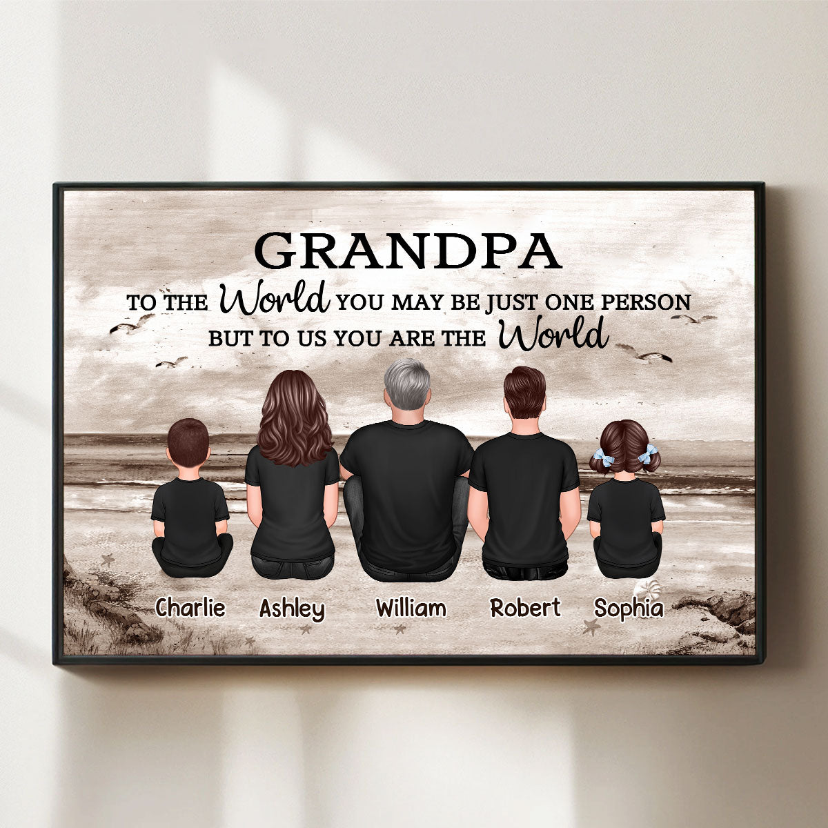 Grandpa And Grandsons Granddaughters Retro Vintage Beach Landscape Personalized Poster| Heartfelt Father's Day Gift For Grandpa From Grandkids