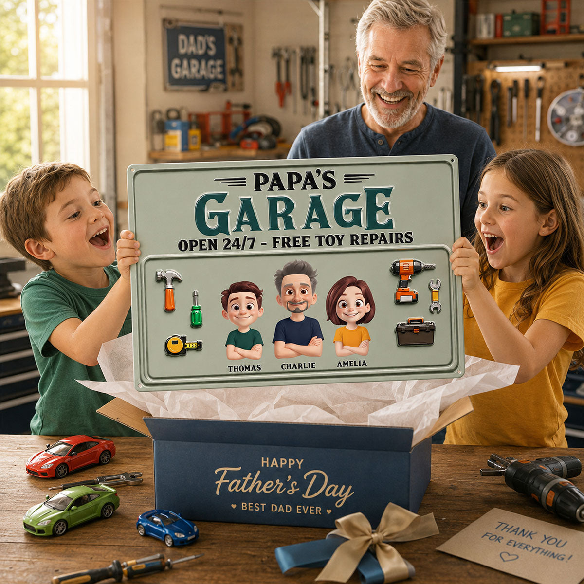 Dad's Garage Open 24/7 Free Toy Repairs - Personalized Metal Sign - Heartfelt Gift For Dad, Grandpa, Husband