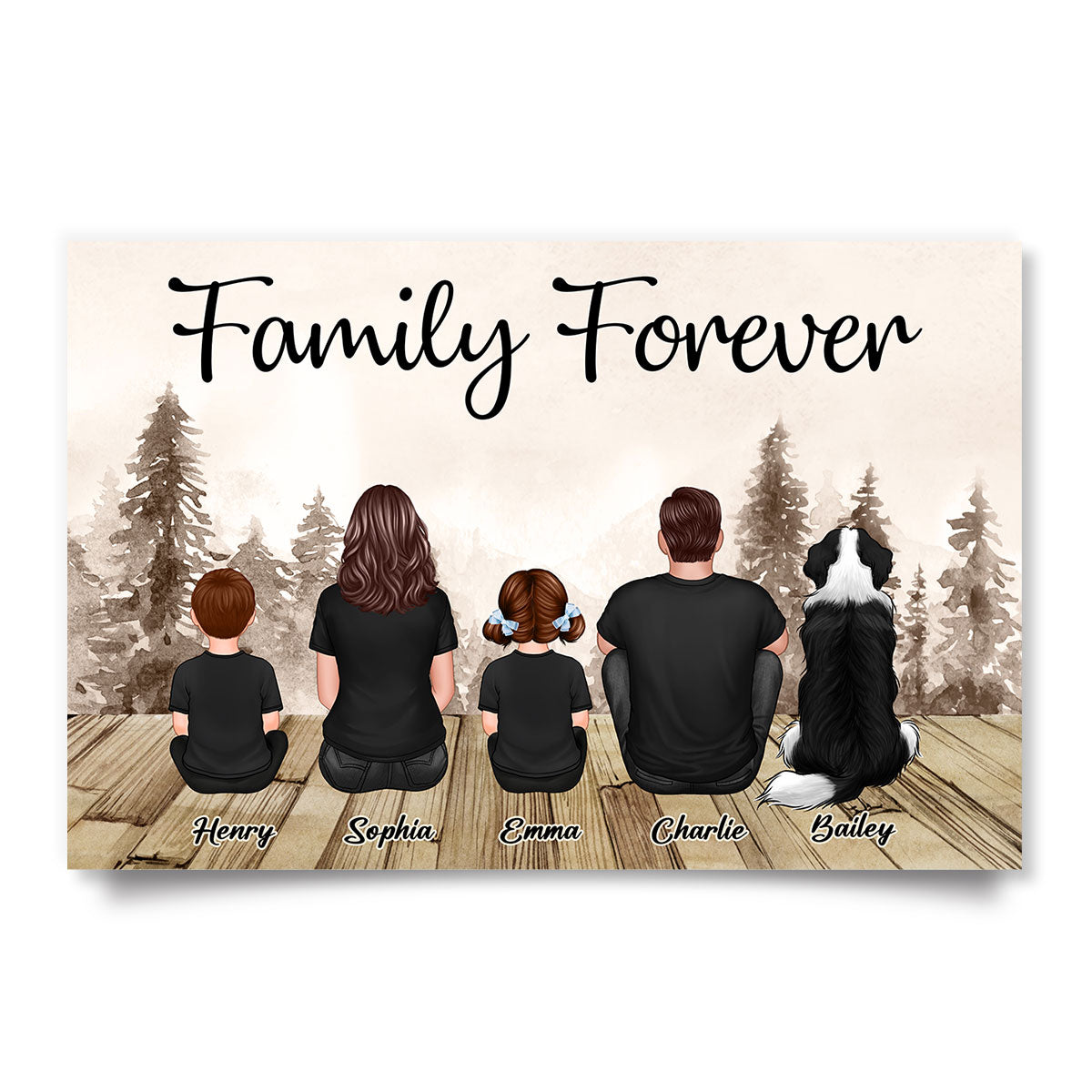 Retro Family Dad And Kids Back View Sitting Forest Personalized Poster, Perfect Gift For Family, For Husband, Wife, Dad, Mom