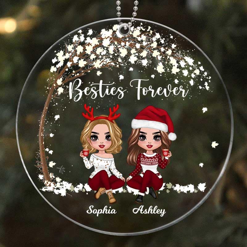 Doll Besties Sisters Sitting Under Tree Christmas Personalized Acrylic Ornament