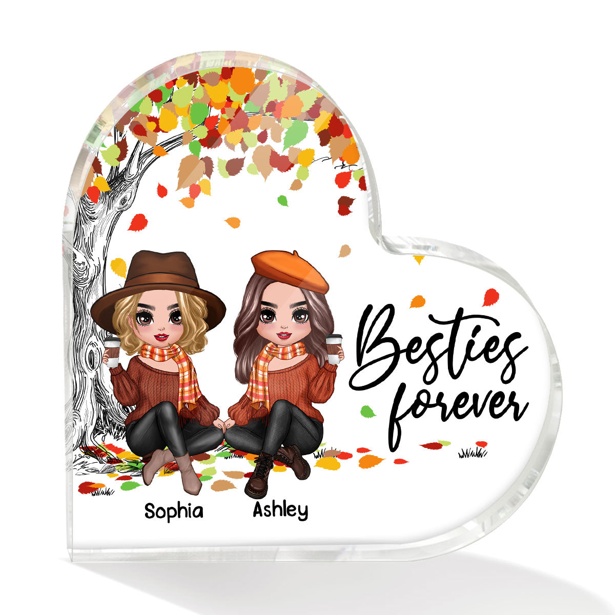 Besties Sisters Under Colorful Fall Season Tree Personalized Heart Acrylic Plaque