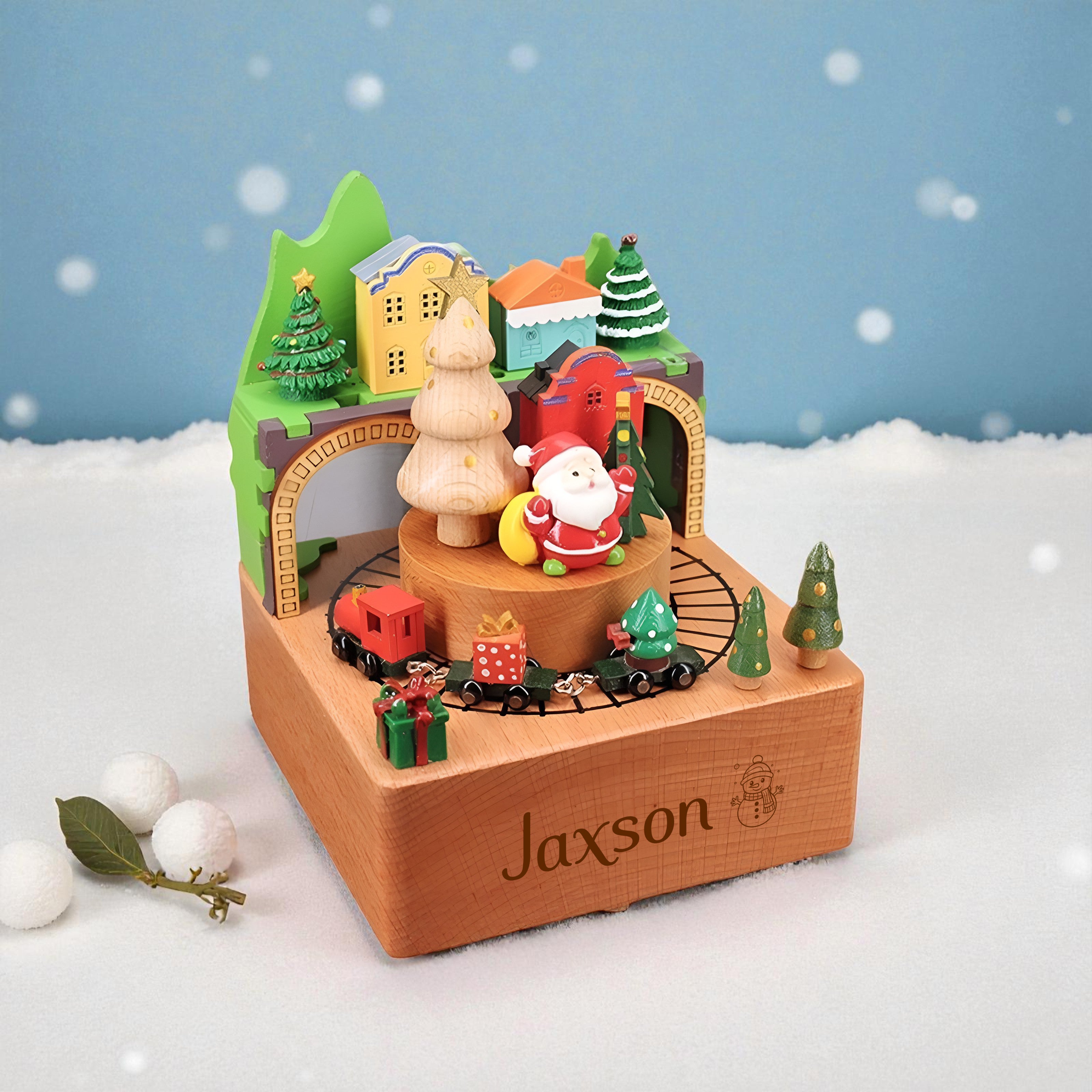 Wooden Christmas Train Castle Music Box, Personalized Engraved Keepsake Carousel Music Box
